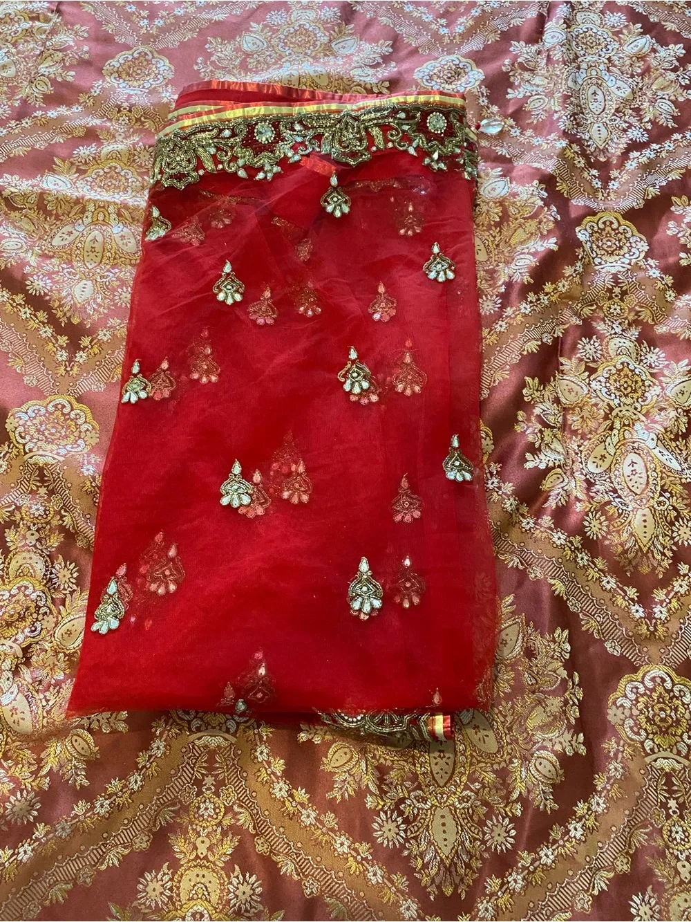 Bridal Red Embellished Sheer Scarf with Gold Accents